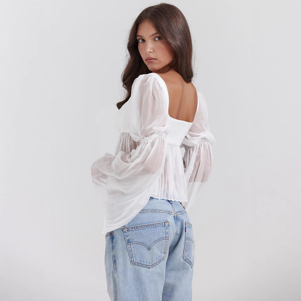Damen Cropped Bluse mit Puffärmeln R&B