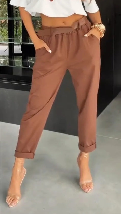 Damen nan hochtaillierte Paperbag-Hose mit gerafftem Bund, Eingrifftaschen und gekrempeltem Saum R&B