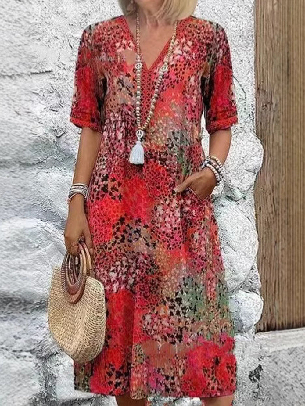 Damen Maxikleid mit V-Ausschnitt und praktischen Seitentaschen R&B