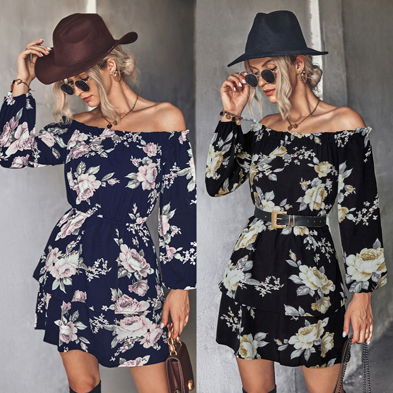 Damen Off-Shoulder Minikleid mit floralem Druck und Rüschensaum R&B