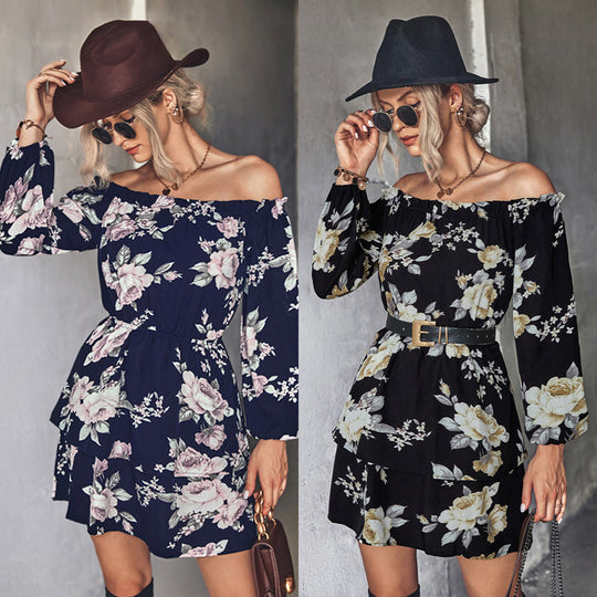 Damen Off-Shoulder Minikleid mit floralem Druck und Rüschensaum R&B