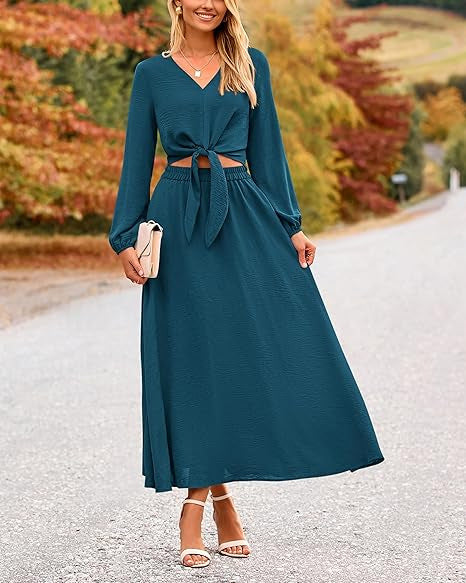 Damen Binde-Kleid mit langen Ärmeln und Rundhalsausschnitt R&B