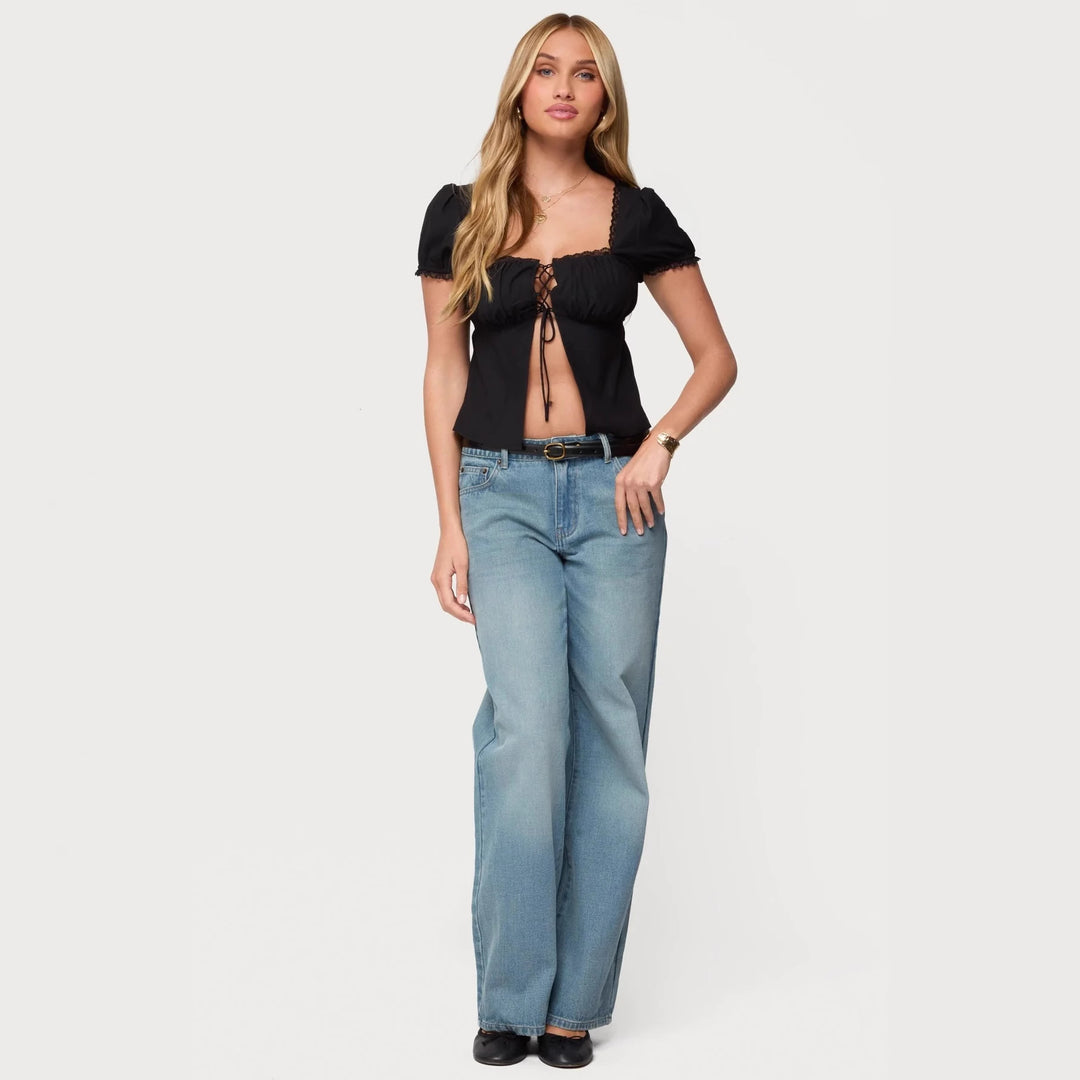 Damen Crop-Oberteil mit Spitzenbesatz und Schnürdetail R&B