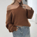 Damen Grobstrickpullover mit weiten Ärmeln und V-Ausschnitt