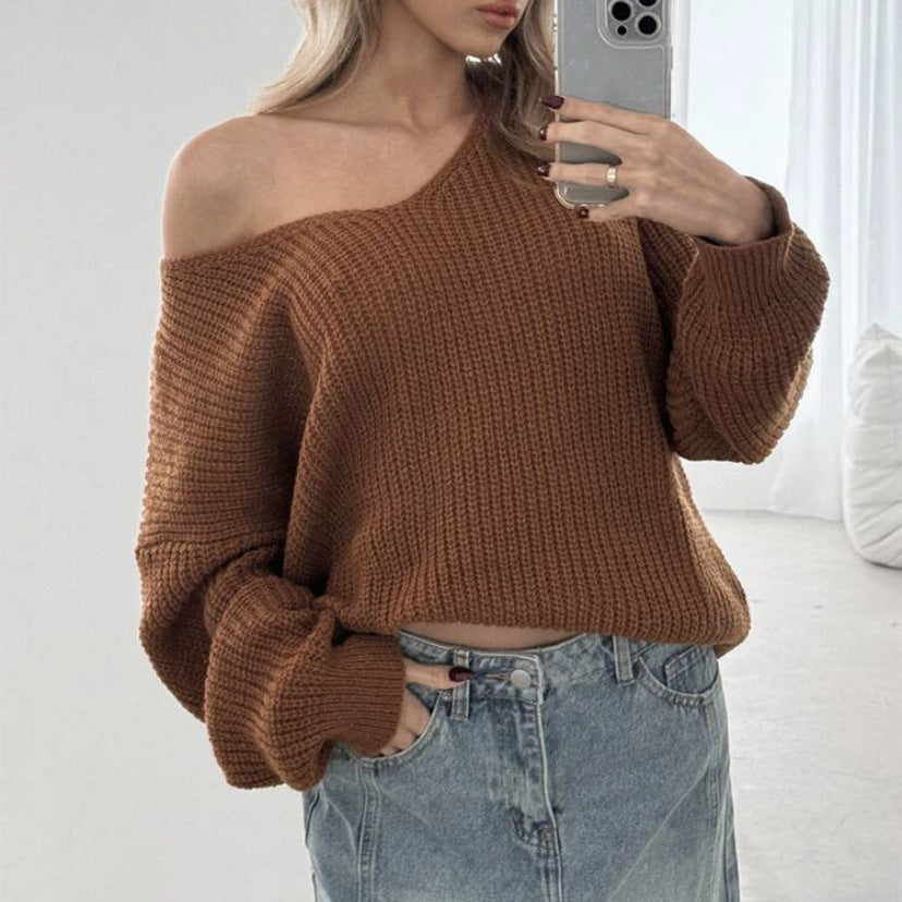 Damen Grobstrickpullover mit weiten Ärmeln und V-Ausschnitt