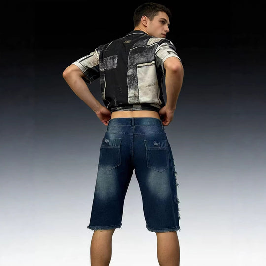 Herren lässige destroyed Jeansshorts mit fransigen Abschlüssen und weitem Bein R&B