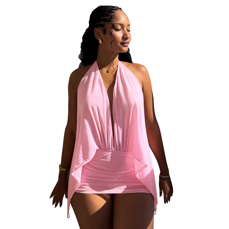 Damen Sommerliches Wickelkleid mit tiefem V-Ausschnitt und asymmetrischem Saum R&B