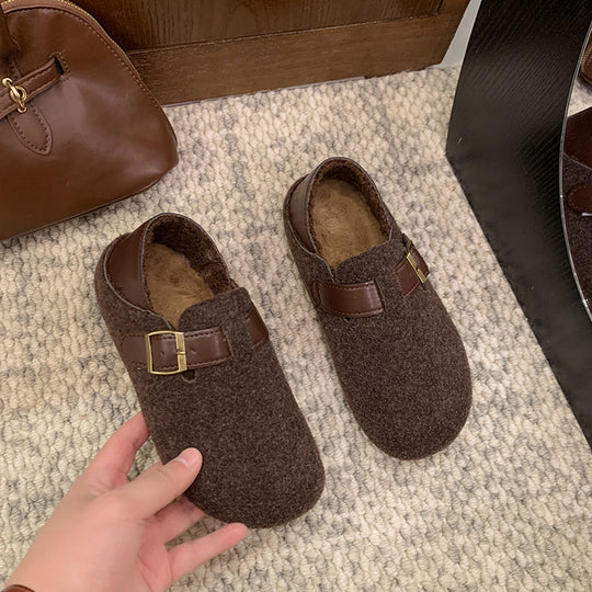 Damen gemütliche Filzpantoletten mit eleganter Schnallenverzierung R&B