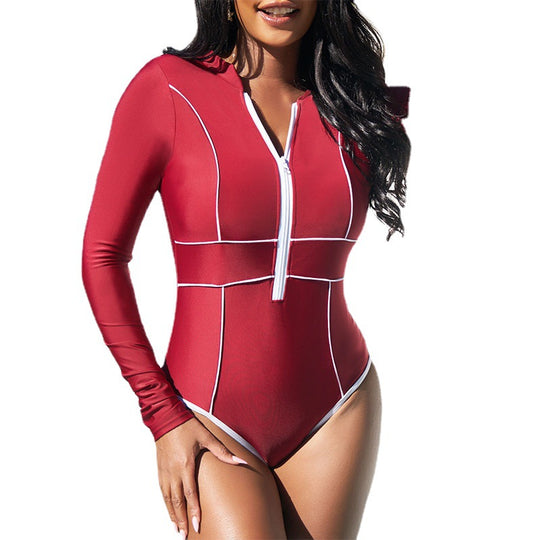 Damen Sportlicher Einteiler Badeanzug mit Reißverschluss R&B