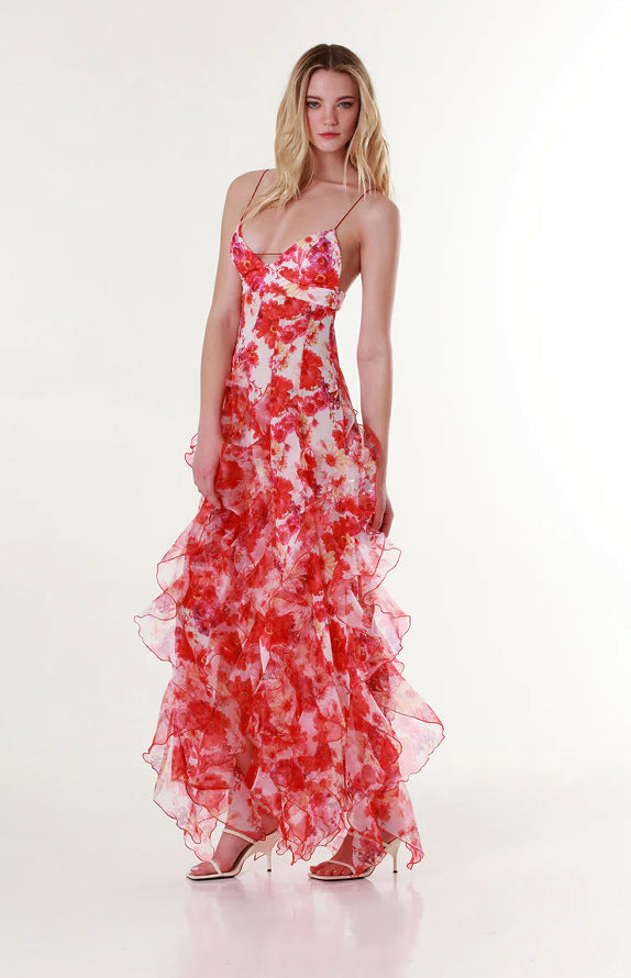 Damen Fließendes Chiffon Maxikleid mit Rüschendetails und floralen Akzenten R&B