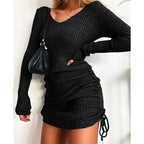 Damen Rippstrickkleid mit tiefem V-Ausschnitt und verstellbarem Raffung R&B