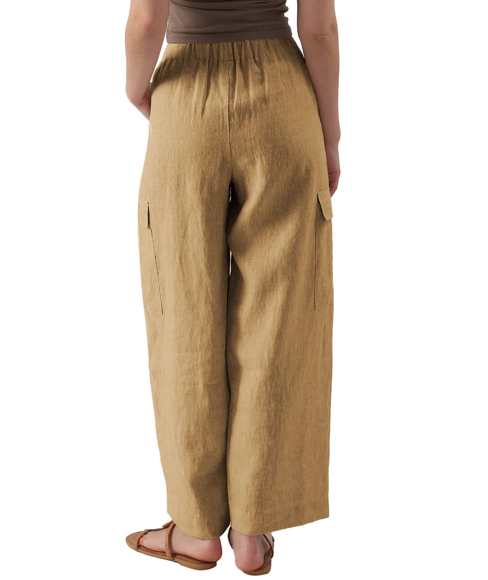 Damen lässige Leinen-Cargo-Hose mit hohen Taschen und elastischem Bund R&B