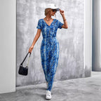 Damen elegante Jumpsuit im Snake-Print-Stil mit Taillengürtel und V-Ausschnitt R&B