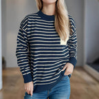 Damen lässiger Strickpullover mit breitem Streifenmuster und überschnittenen Schultern R&B
