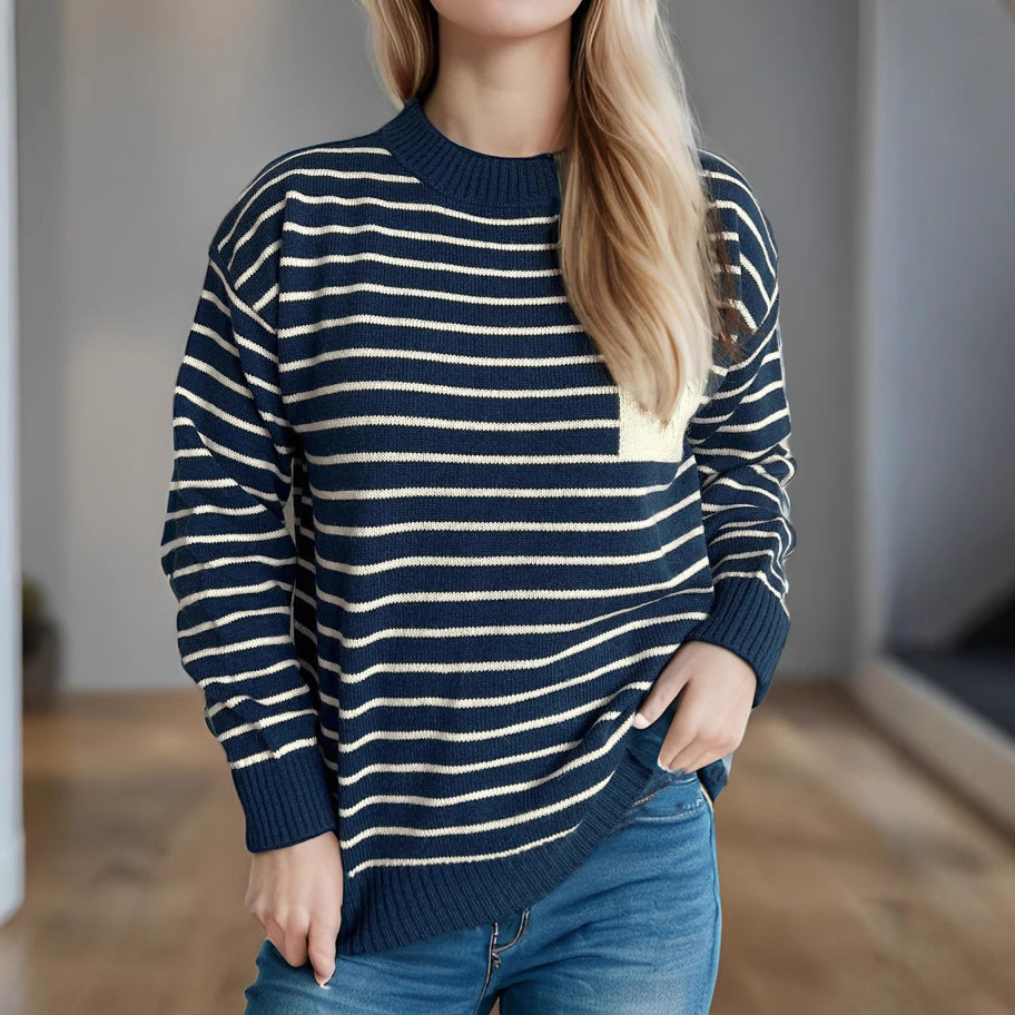 Damen lässiger Strickpullover mit breitem Streifenmuster und überschnittenen Schultern R&B