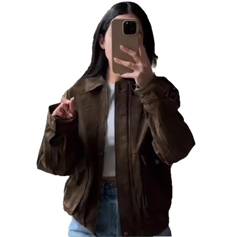 Damen Modische Kunstlederjacke mit lässigem Schnitt und praktischen Taschen R&B