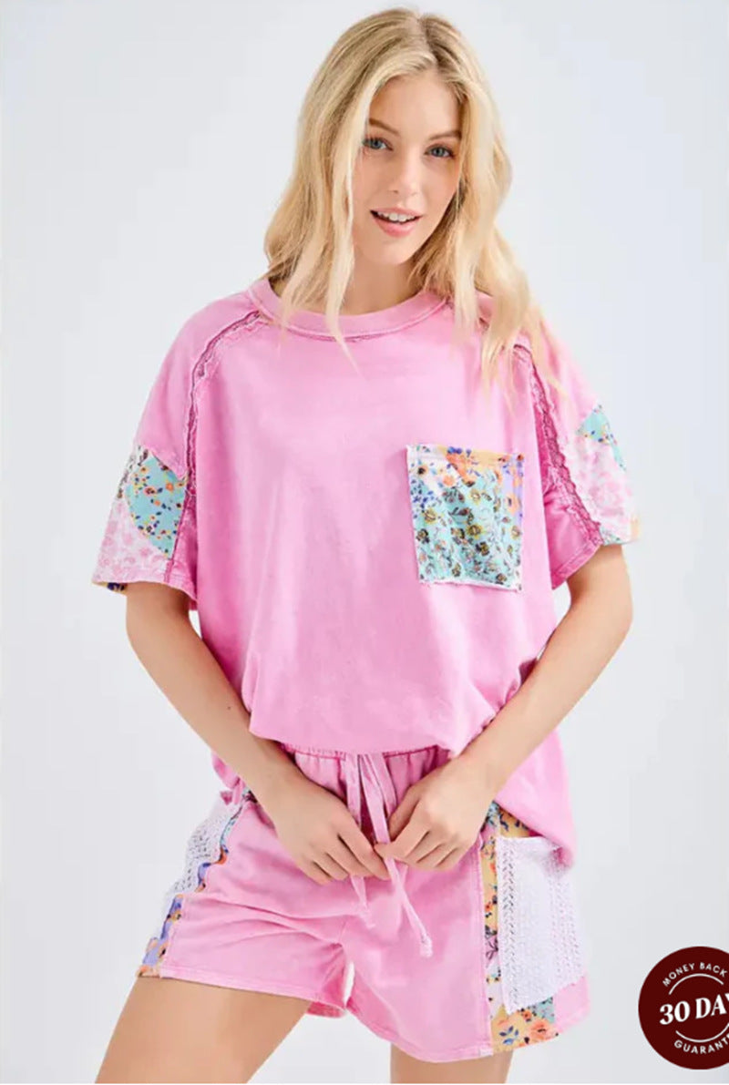 Damen nan lässiges Loungewear-Zweiteiler mit Oversize-Shirt, Kordelshorts, Patchwork-Tasche und Häkelbesatz R&B