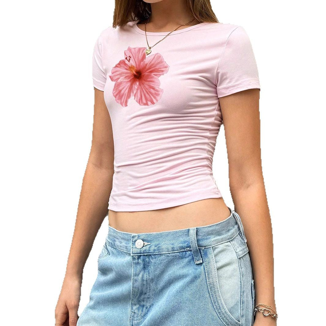 Damen Figurbetontes Kurzarmshirt mit lR&Bhaftem Hibiskus-Motiv R&B