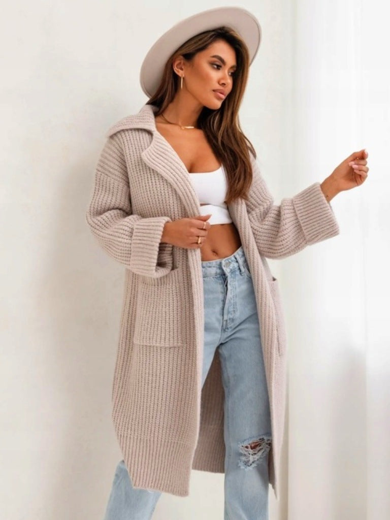 Damen Langer Strickmantel mit Kapuze und praktischen Taschen R&B