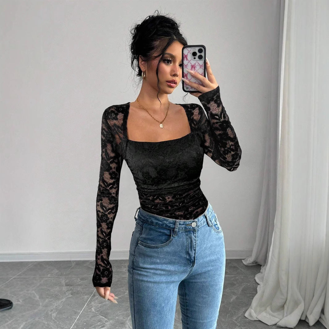 Damen Spitzen-Bodysuit mit quadratischem Ausschnitt und langen Ärmeln R&B