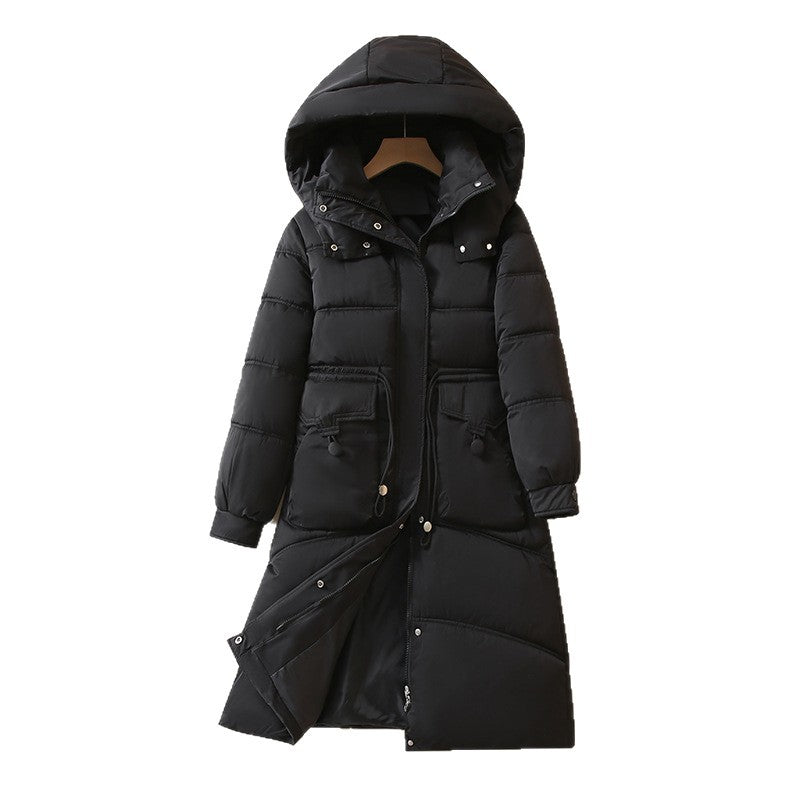 Damen Lange, warme Pufferjacke mit praktischen Taschen und Kapuze R&B
