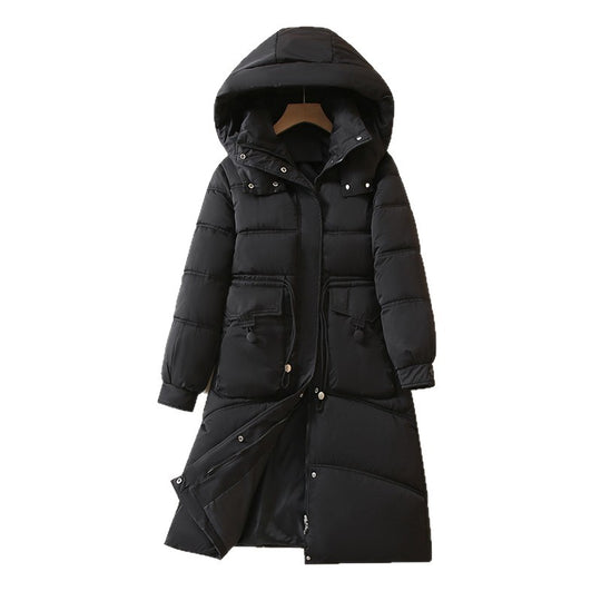 Damen Lange, warme Pufferjacke mit praktischen Taschen und Kapuze R&B