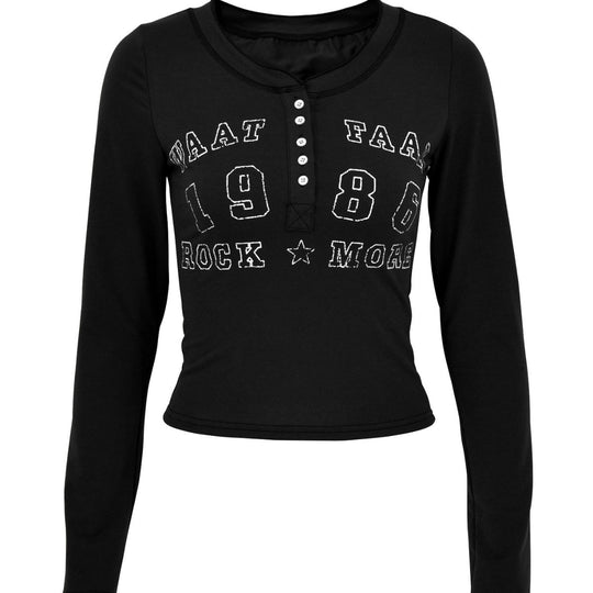 Damen Langarm T-Shirt mit modischem Druck und Knopfverschluss R&B