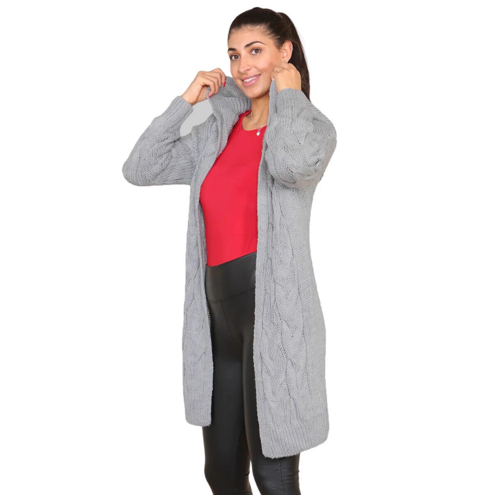Damen Langer Strickmantel mit elegantem Zopfmuster und Kapuze R&B