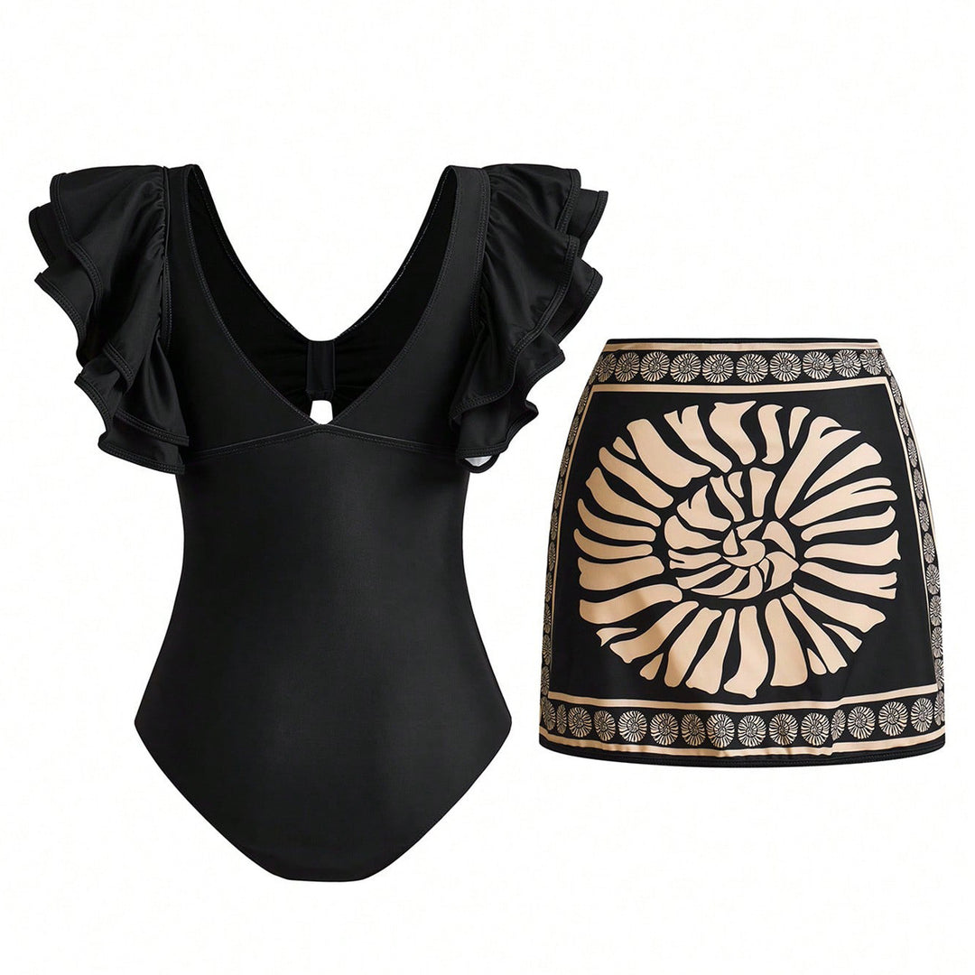 Damen Badeanzug mit eleganten Rüschendetails und passendem Saumrock R&B