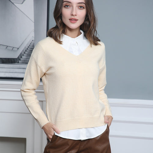 Damen eleganter V-Ausschnitt Pullover aus weichem Material mit überschnittenen Schultern R&B