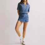 Damen Denim-Crop-Hemd mit aufgesetzten Taschen und knieumspielendem Rock R&B