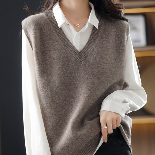 Damen Ärmellose Strickweste mit V-Ausschnitt und Feiner Textur R&B