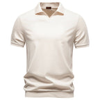 Herren nan feinstrickiges Kurzarm-Poloshirt mit offenem V-Kragen und elastischem Saum R&B