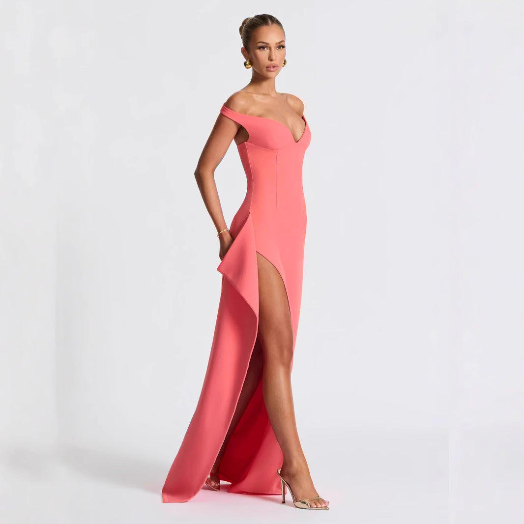 Damen Elegantes Maxikleid mit schulterfreiem Design und hohem Schlitz R&B
