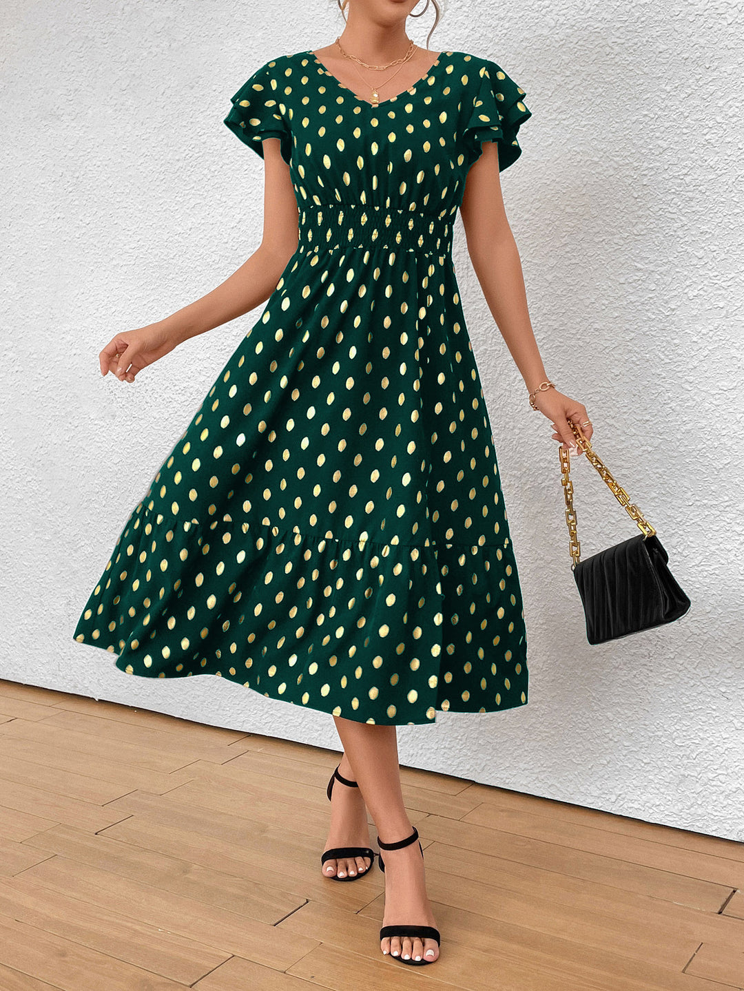 Damen Maxikleid mit Rüschendetails und schimmerndem Punktmuster R&B