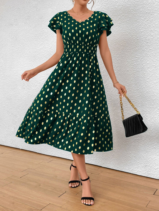 Damen Maxikleid mit Rüschendetails und schimmerndem Punktmuster R&B