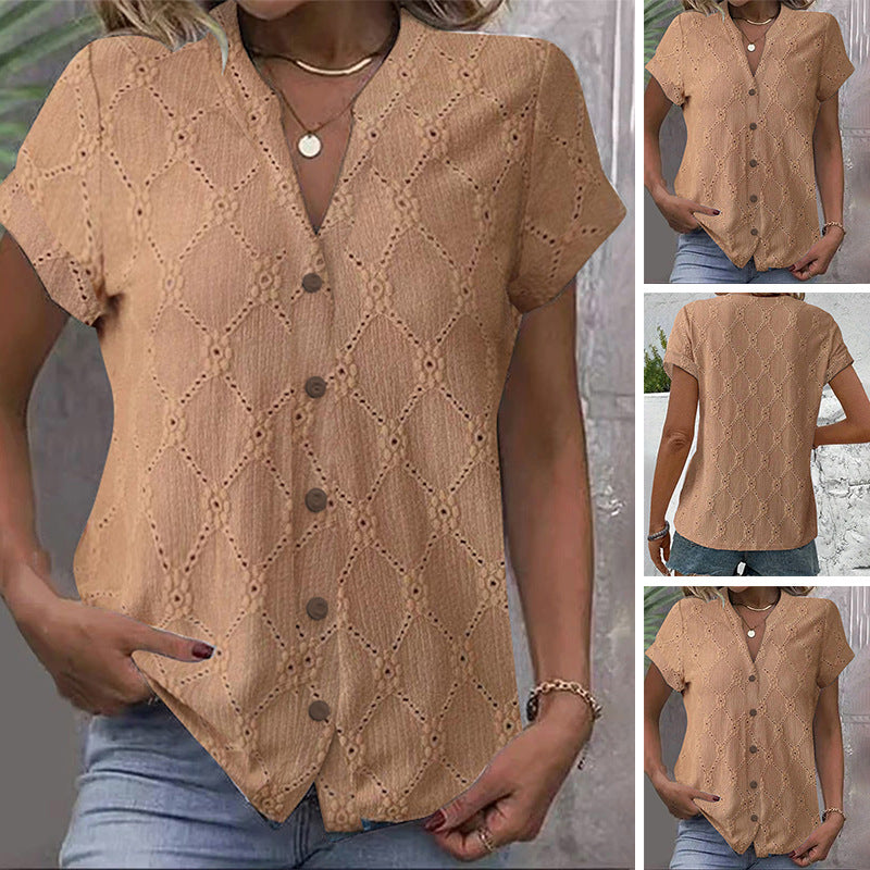 Damen nan kurzärmlige Broderie-Bluse mit V-Ausschnitt und durchgehender Knopfleiste R&B