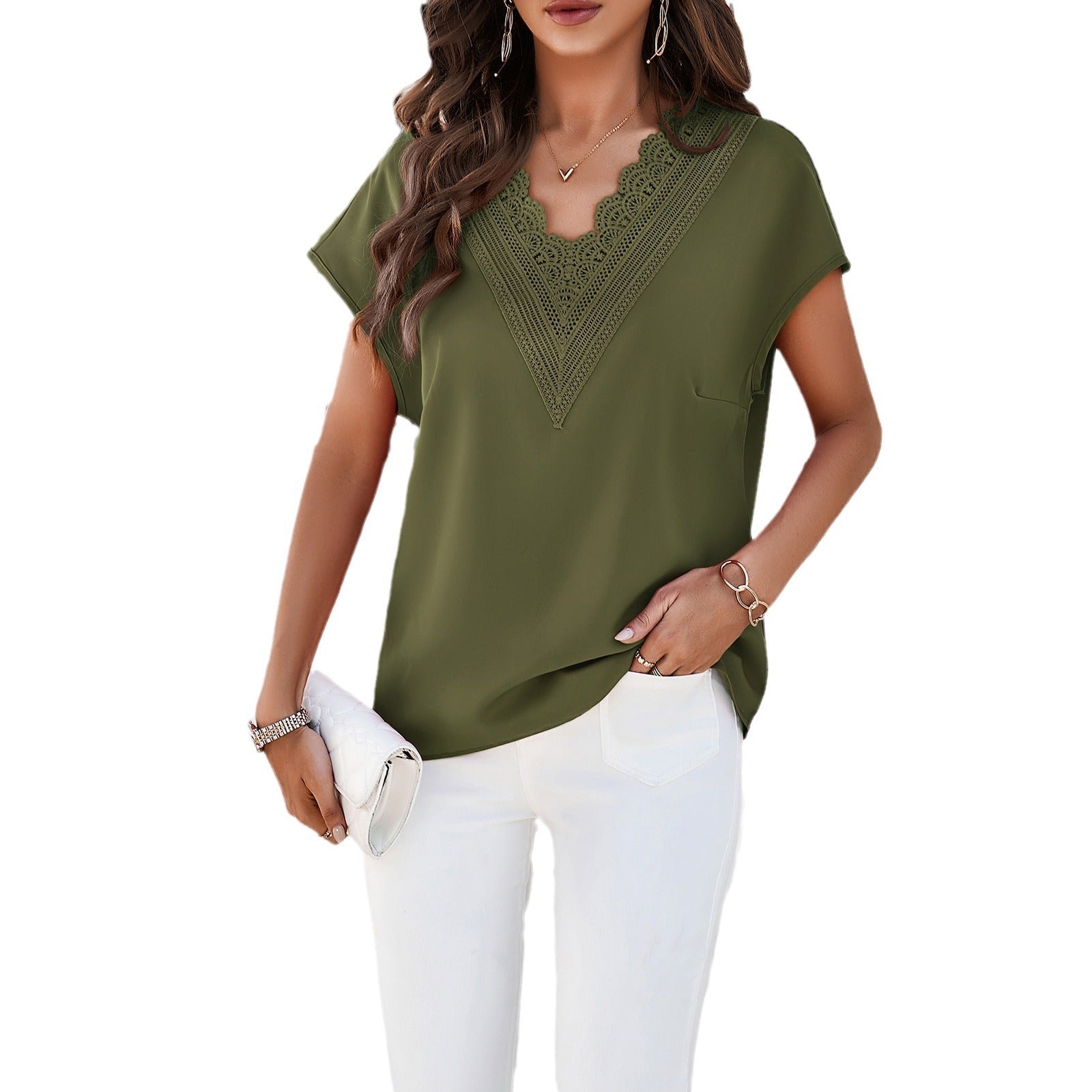 Damen Bluse mit Spitzenverzierungen und V-Ausschnitt R&B