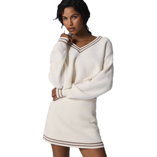 Damen Strickkleid im sportlichen Oversized-Design mit tiefem V-Ausschnitt und Farbblockdetails R&B