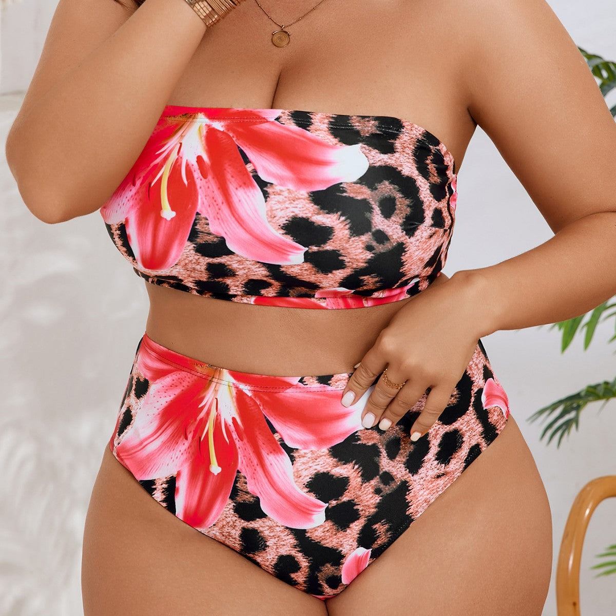 Damen Bandeau-Bikini mit floralem und tierischem Muster R&B