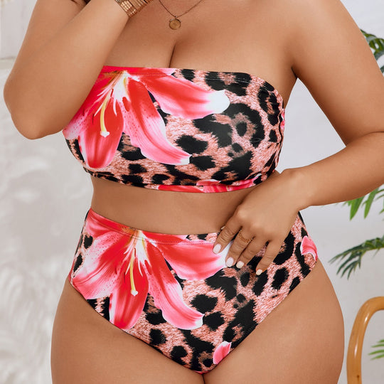 Damen Bandeau-Bikini mit floralem und tierischem Muster R&B