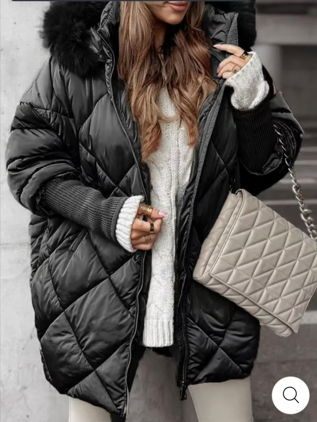 Damen Oversized Steppjacke mit abnehmbarem Kunstfellkragen R&B