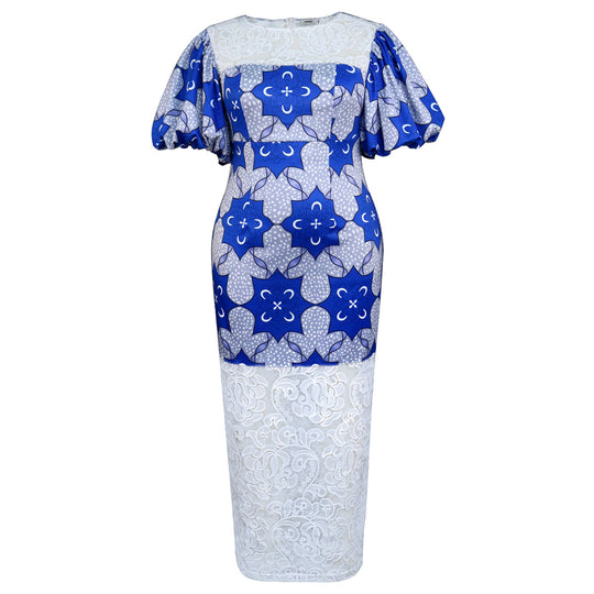 Damen Elegantes Langarmkleid mit ausgefallenen Puffärmeln und Spitzenbesatz R&B