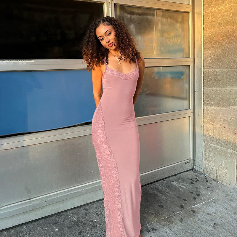 Damen elegantes Spitzen-Maxikleid mit zarten Trägerspitzendetails R&B