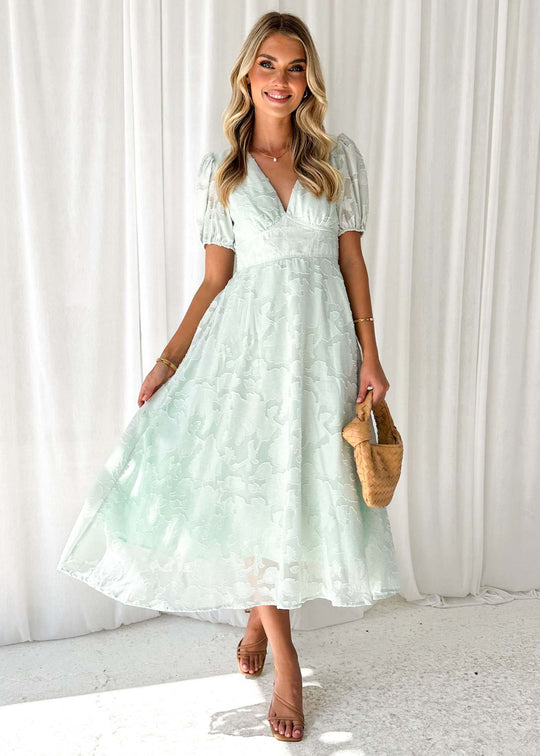 Damen Maxikleid mit floralen Akzenten und voluminösen Puffärmeln R&B