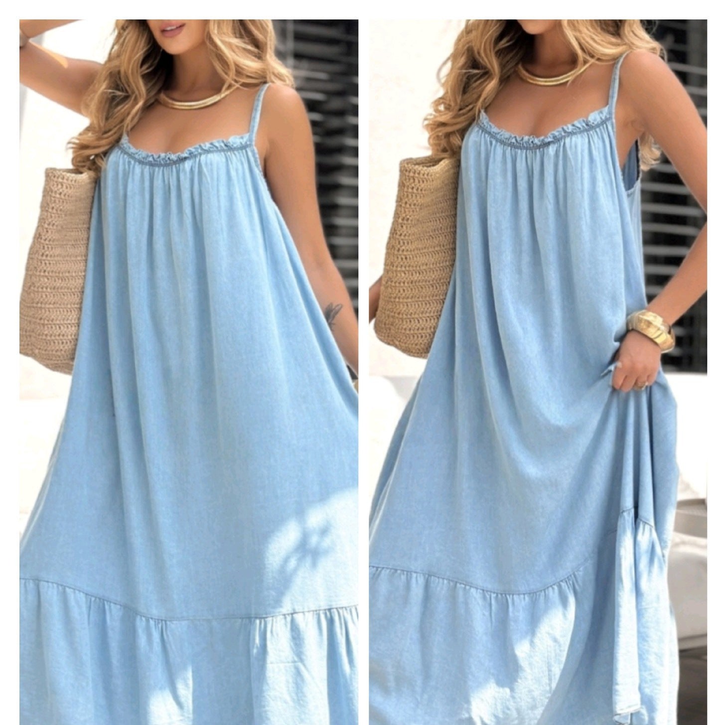 Damen Maxikleid aus leichtem Denim mit Rüschendetail R&B