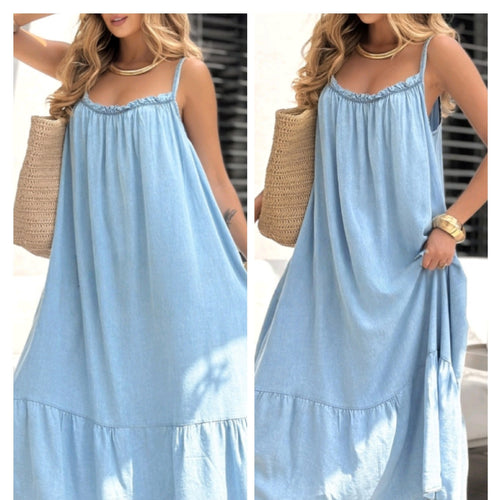 Damen Maxikleid aus leichtem Denim mit Rüschendetail R&B