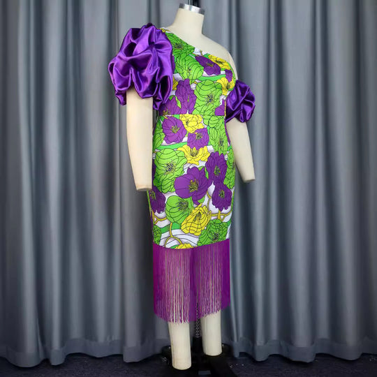 Damen Elegantes Schulterfreies Kleid mit voluminösen Puffärmeln und Fransen R&B