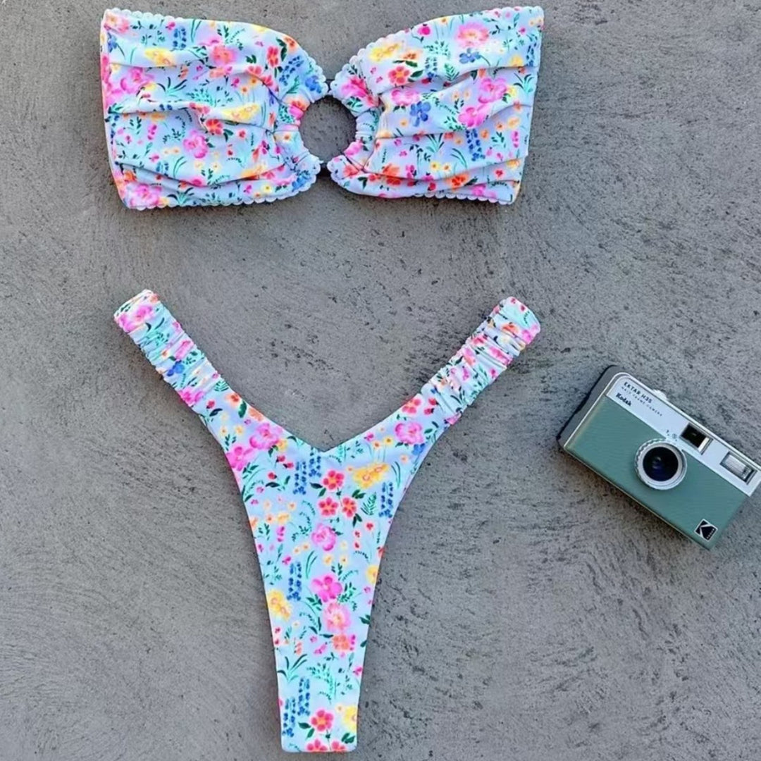 Damen Bandeau-Bikini mit Blumenmuster und Schlaufen-Detail R&B