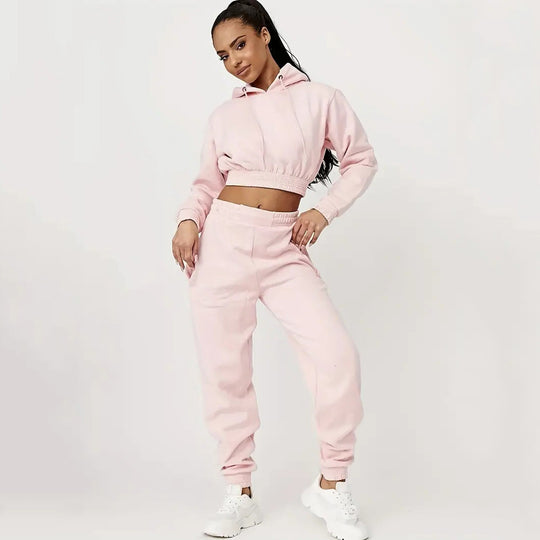 Damen Sportliches Cropped Hoodie und lässige Jogginghose Set R&B